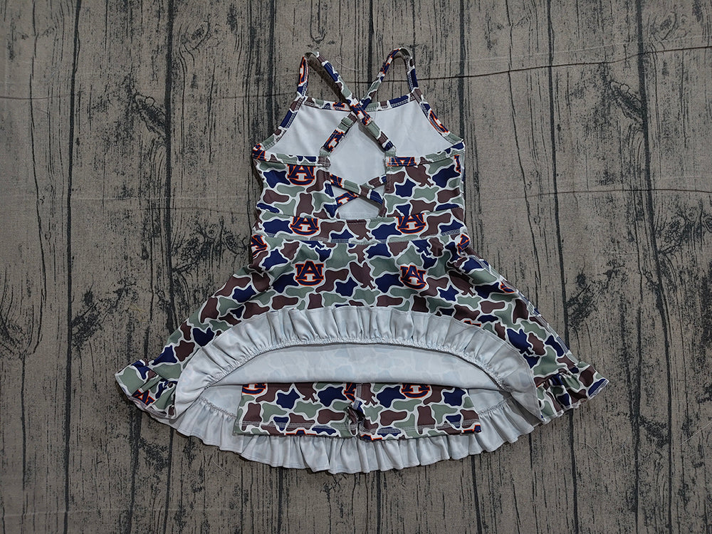 Preorder GSD3588 Teams Auburn Camo Print Girls Summer Strap Shorts Ruffle Knee Length Yoga Dress