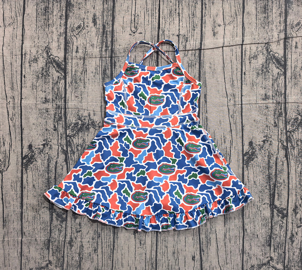 Preorder GSD3589 Teams Florida Camo Print Girls Summer Strap Shorts Ruffle Knee Length Yoga Dress