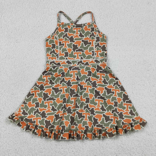 GSD3590 Teams Tennessee Camo Print Girls Summer Strip Knee Length Yoga Dress