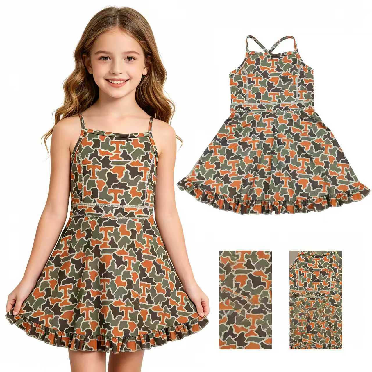 GSD3590 Teams Tennessee Camo Print Girls Summer Strip Knee Length Yoga Dress