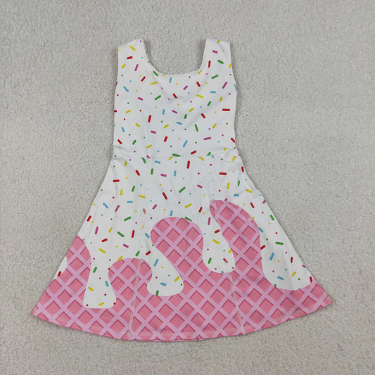 GSD3594  Pink White Sprinkle Print Girls Summer Shorts Knee Length Yoga Dress