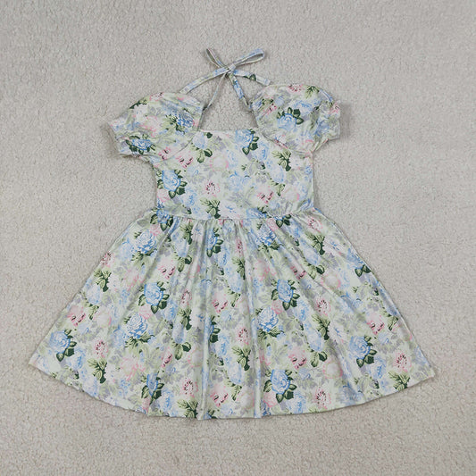 GSD3615 Pink Blue Flowers Print Girls Puff Sleeves Knee Length Dress