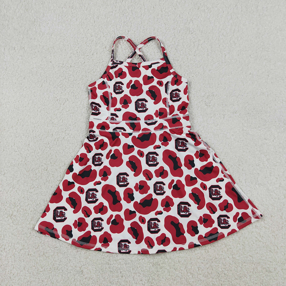 GSD3633 Teams Gamecock Leopard Print Girls Summer Strap Shorts Ruffle Knee Length Yoga Dress