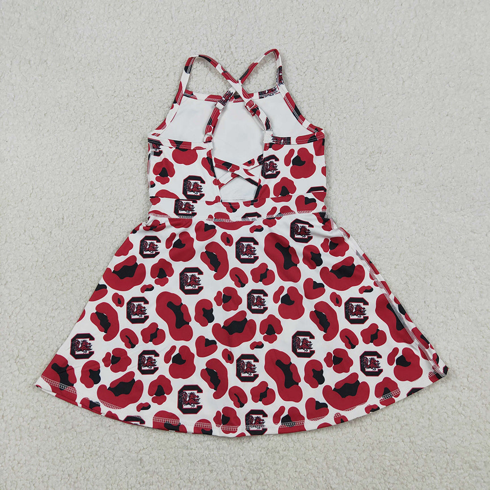 GSD3633 Teams Gamecock Leopard Print Girls Summer Strap Shorts Ruffle Knee Length Yoga Dress
