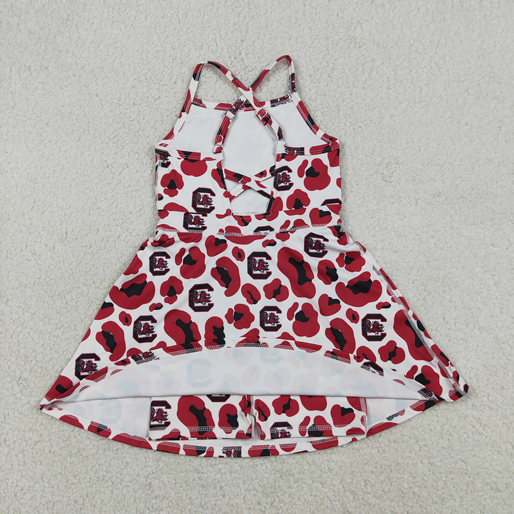 GSD3633 Teams Gamecock Leopard Print Girls Summer Strap Shorts Ruffle Knee Length Yoga Dress