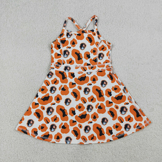 GSD3634 Teams Tennessee Leopard Print Girls Summer Strap Shorts Ruffle Knee Length Yoga Dress