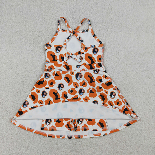 GSD3634 Teams Tennessee Leopard Print Girls Summer Strap Shorts Ruffle Knee Length Yoga Dress
