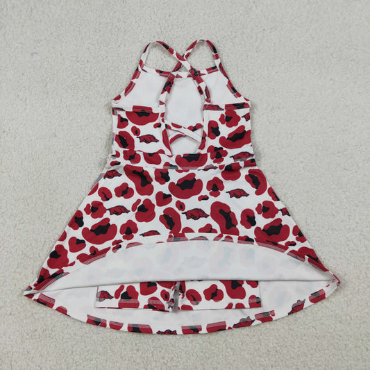 GSD3636  Teams Arkansas Leopard Print Girls Summer Strap Shorts Ruffle Knee Length Yoga Dress