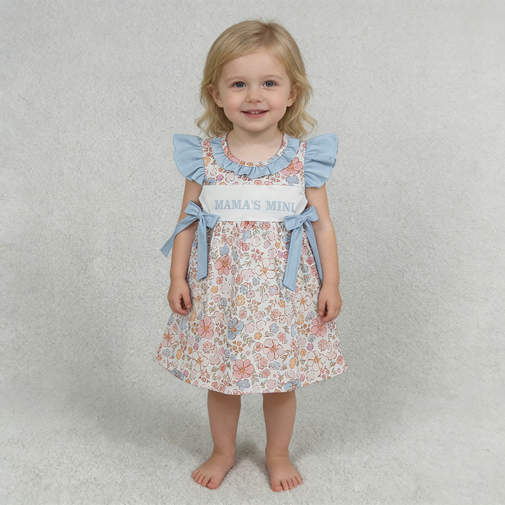GSD3648 Mama’s Mini Colorful Floral Flutter Sleeve Girls’ Dress with Blue Bow