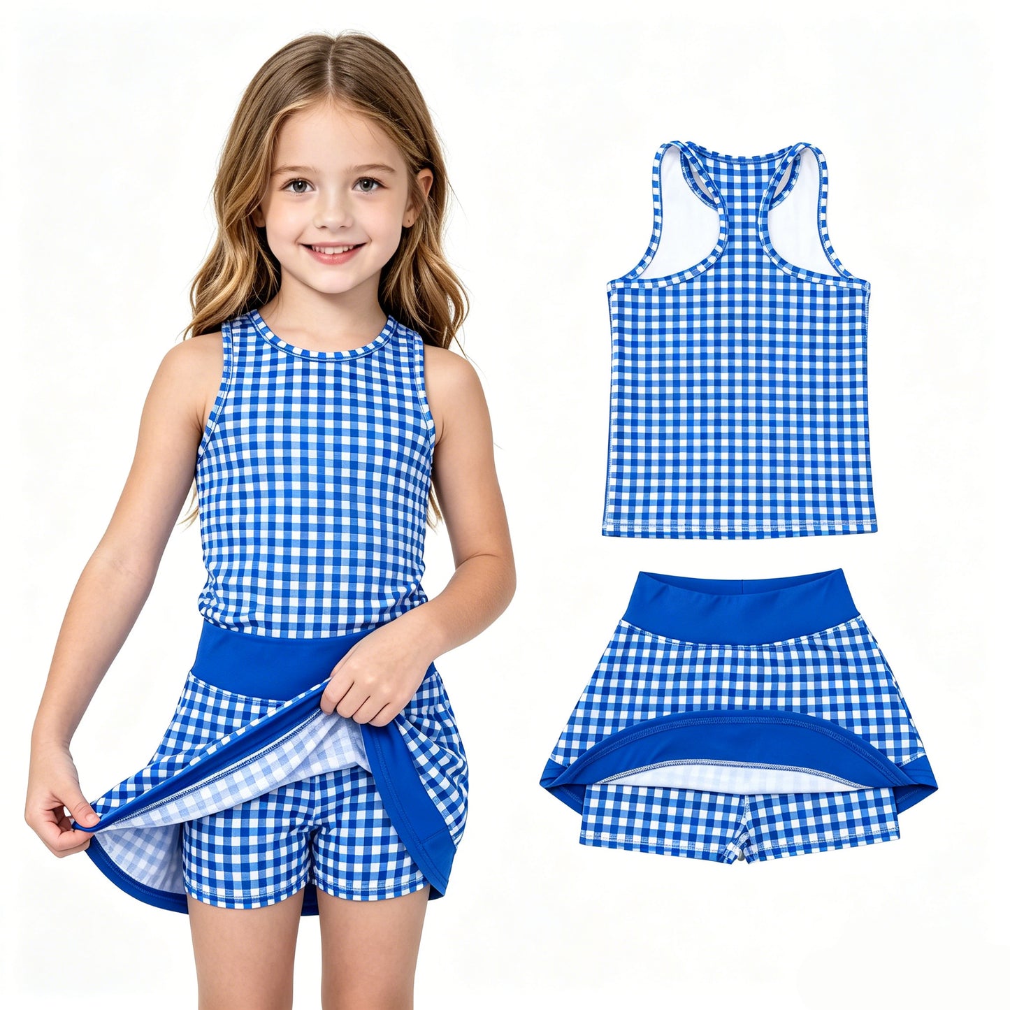 GSD3652 Toddler Girls Blue Plaid 2-Piece Set | Sleeveless Vest Top & Skort Active Outfits