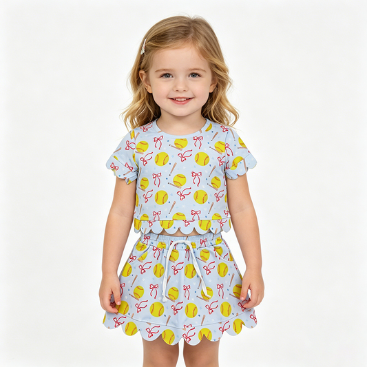 GSD3655 Softball Bows Stars Top Skirts Shorts Girls Summer Scallop Yoga Clothes Set