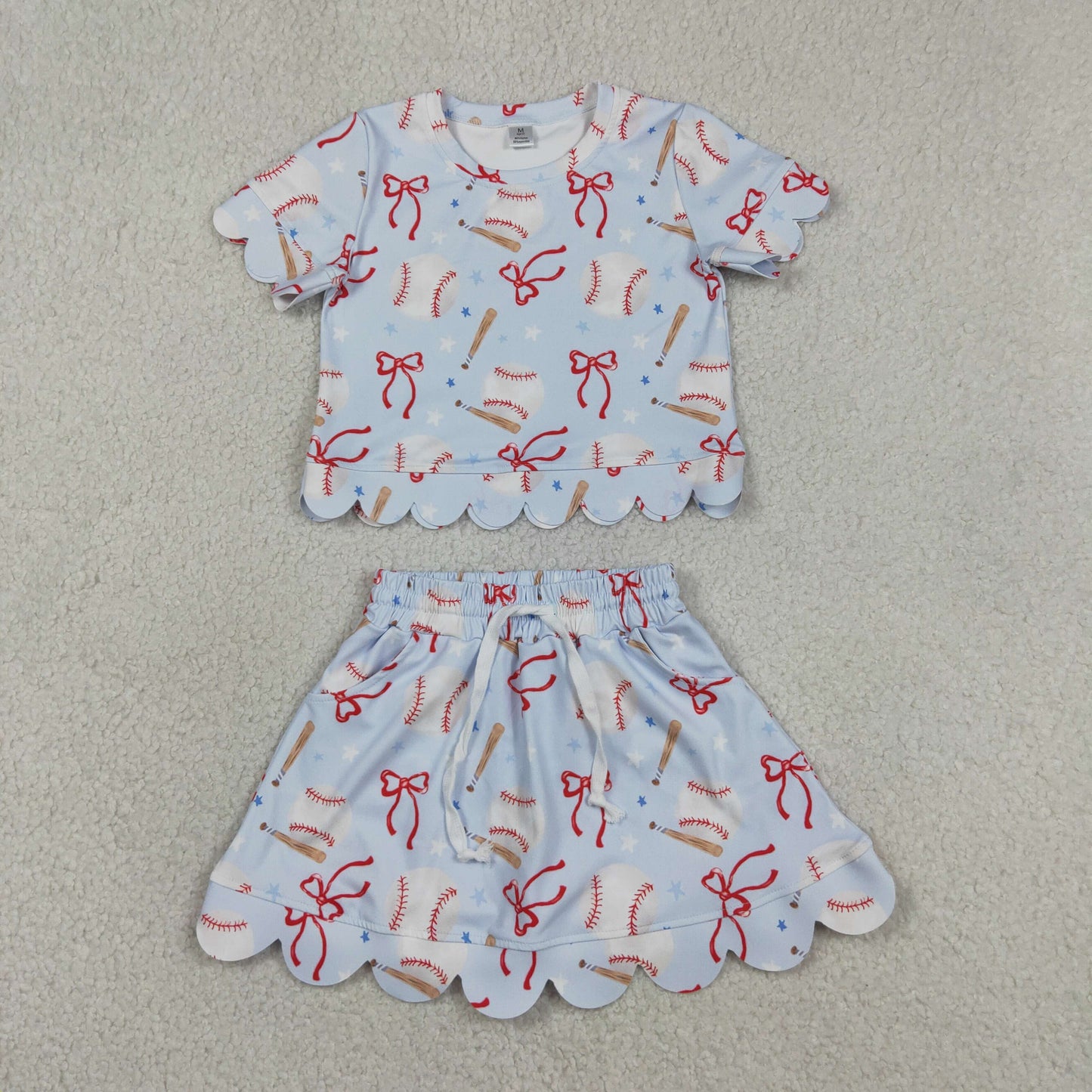 GSD3656 Baseball Bows Stars Top Skirts Shorts Girls Summer Scallop Yoga Clothes Set