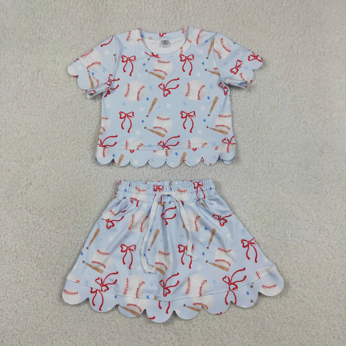 Sibling Baby Girls Bows Baseballs Softballs Top Skirt Short Team Yoga Active Scallop Clothes Sets