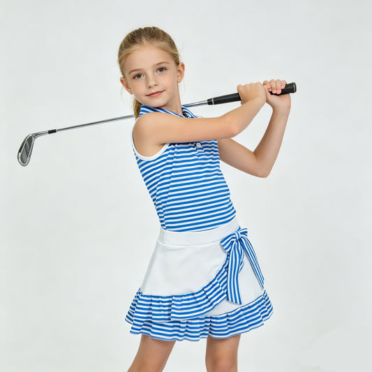 Blue Stripes Button Polo Top Ruffle Skirts Shorts Girls Summer Yoga Clothes Set