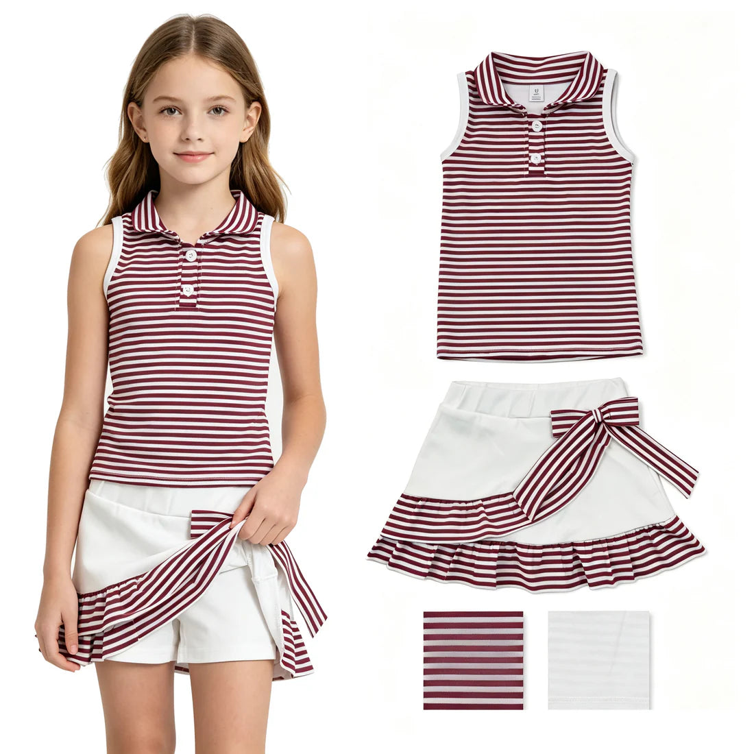 Baby Girls Active Outfit Maroon Striped Tank Top With Skort Sport Set