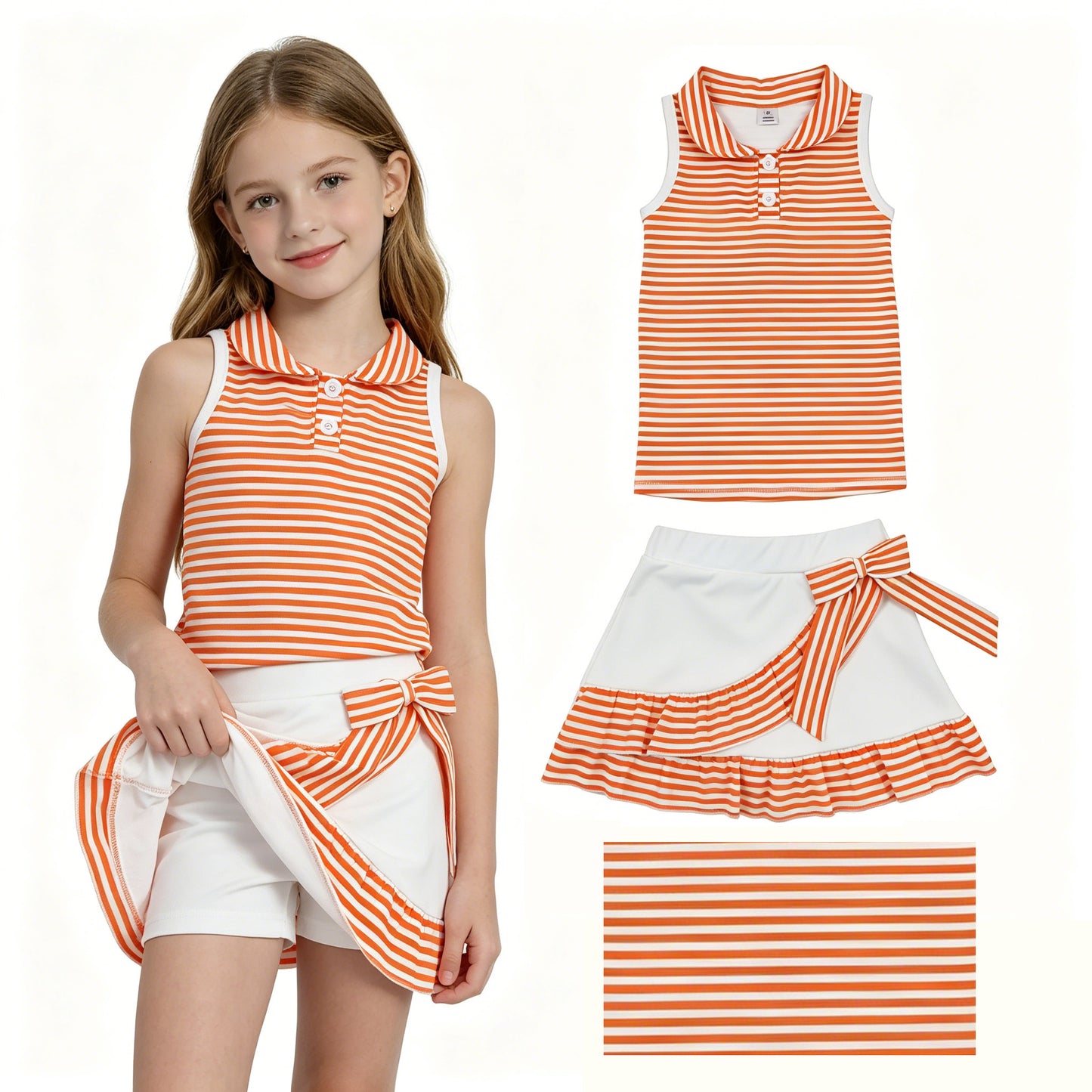 3 Colors Stripes Button Polo Top Ruffle Skort Girls Summer Active Clothes Set Sisters Yoga Sports Wear