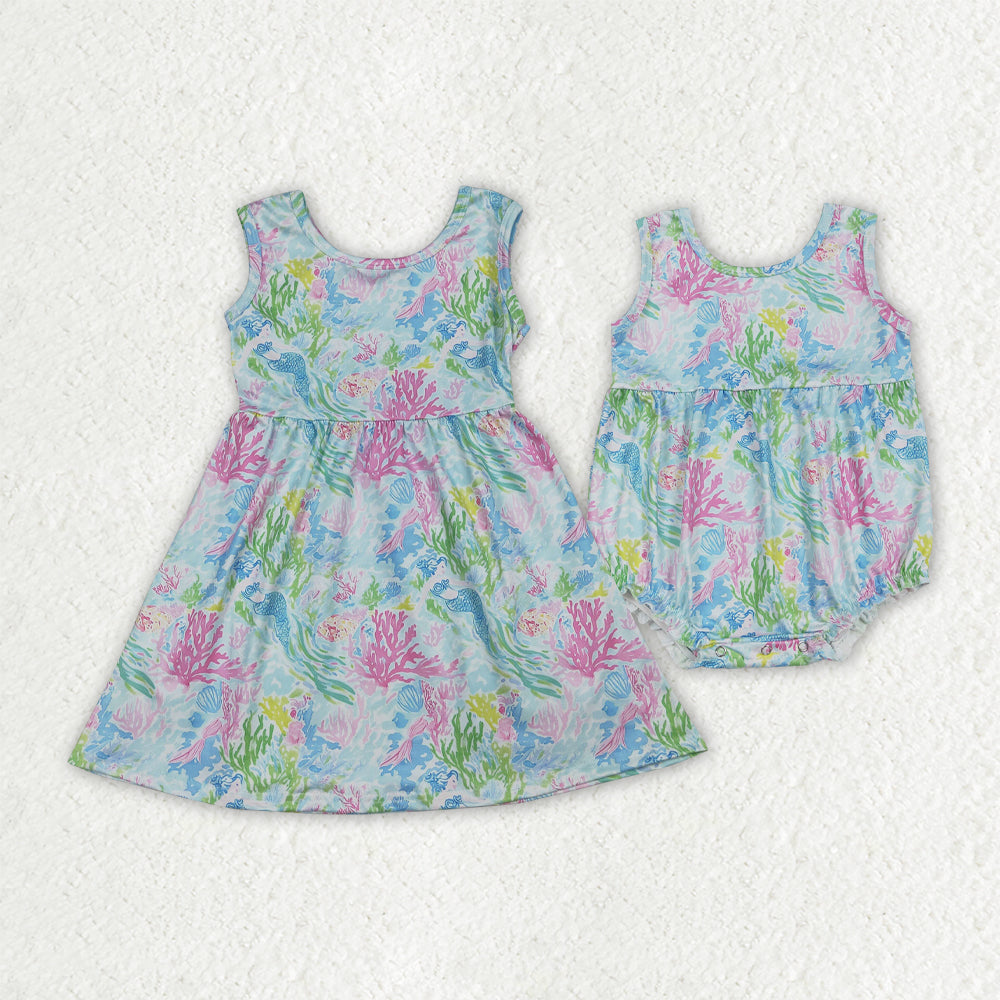Colorful Seaweed Mermaid Print Girls Summer Clothes Sibling Matching Wear