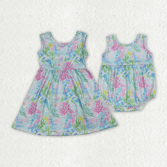 Colorful Seaweed Mermaid Print Girls Summer Clothes Sibling Matching Wear