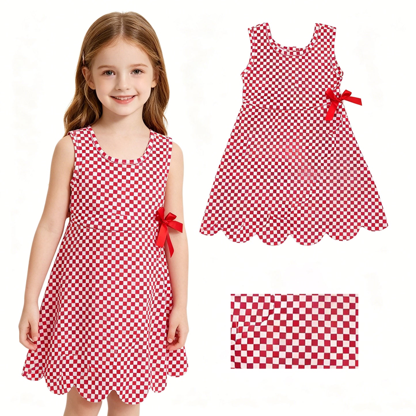 4 Colors Plaid Print Baby Girls Sleeveless Scallop Edge Shorts Yoga Dress Sisters Wear