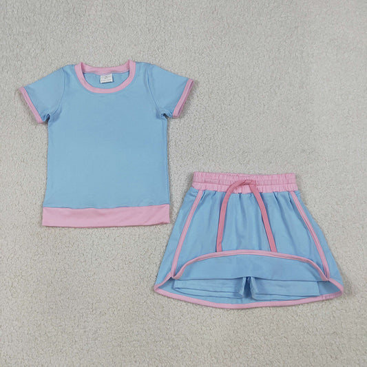 GSD3671 Blue & Pink Cotton Tee & Skirt Set - Girls