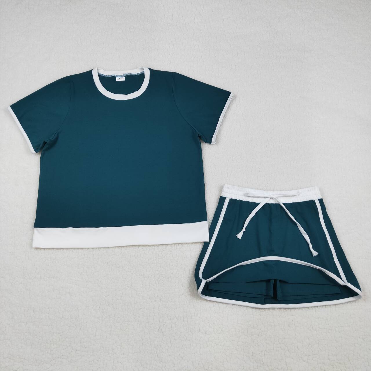 Mommy and Me Teal & White Contrast Trim Matching Set | Short Sleeve Top & Skort Outfit for Mother Daughter