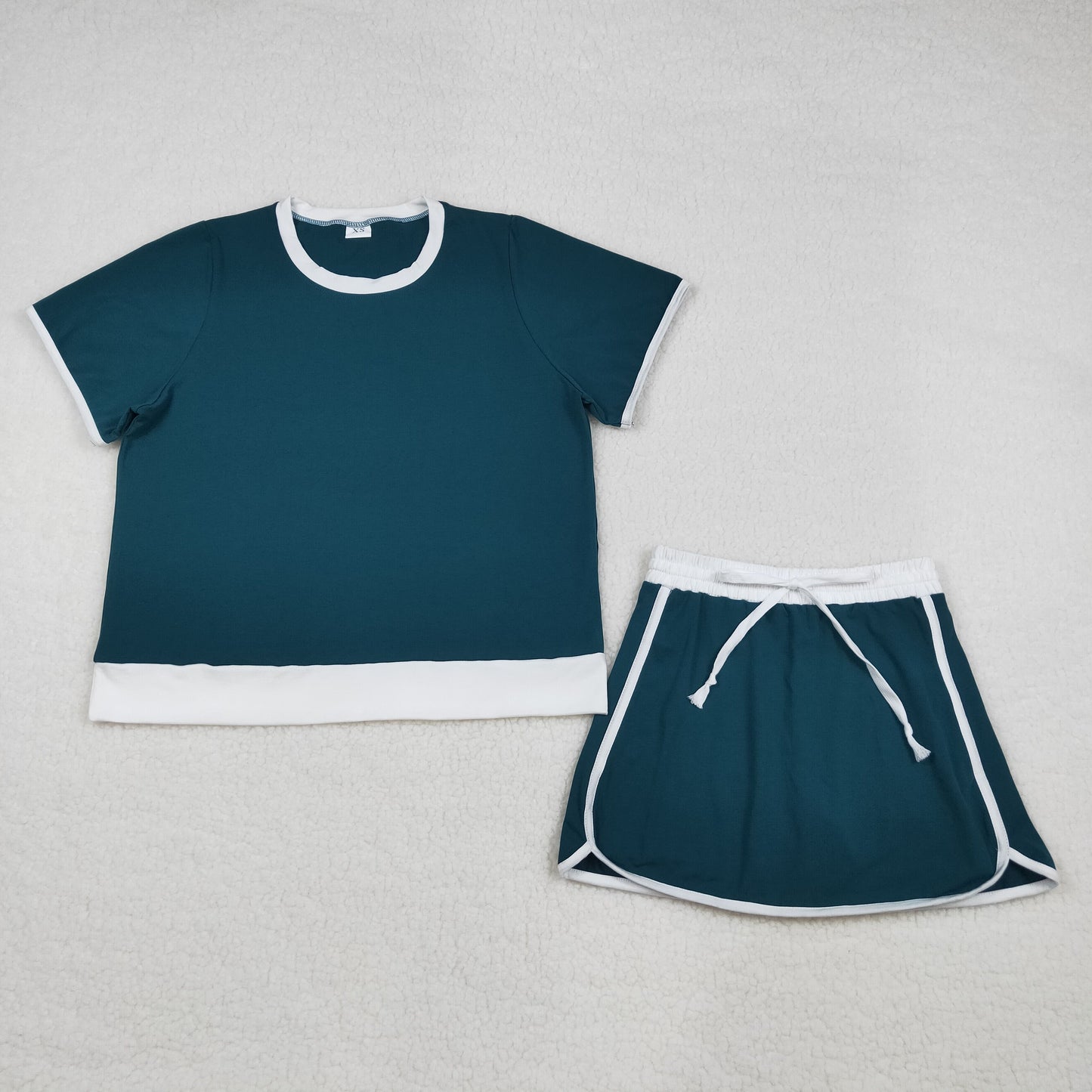 Mommy and Me Teal & White Contrast Trim Matching Set | Short Sleeve Top & Skort Outfit for Mother Daughter