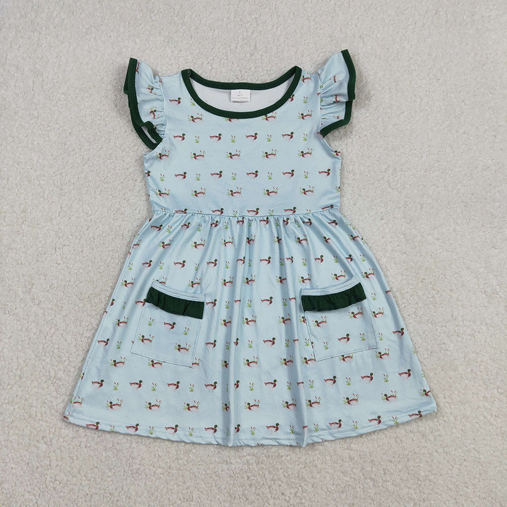 GSD3679 Duck Print Pockets Girls Summer Flutter Sleeve Knee Length Dress