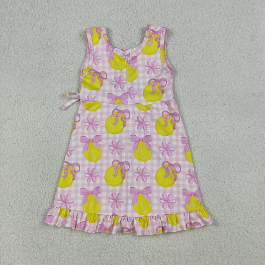 GSD3683 Girls’ Lemon & Pink Gingham Floral Bow Ruffle Sleeveless Yoga Dress