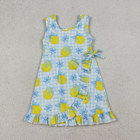 GSD3684 Lemon Bows Plaid Print Girls Sleeveless Shorts Knee Length Yoga Dress