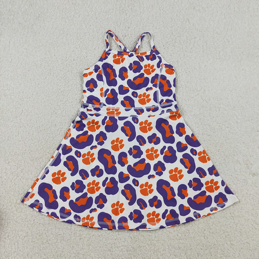GSD3687  Teams Paw Orange Purple Leopard Print Girls Summer Strap Shorts Knee Length Yoga Dress