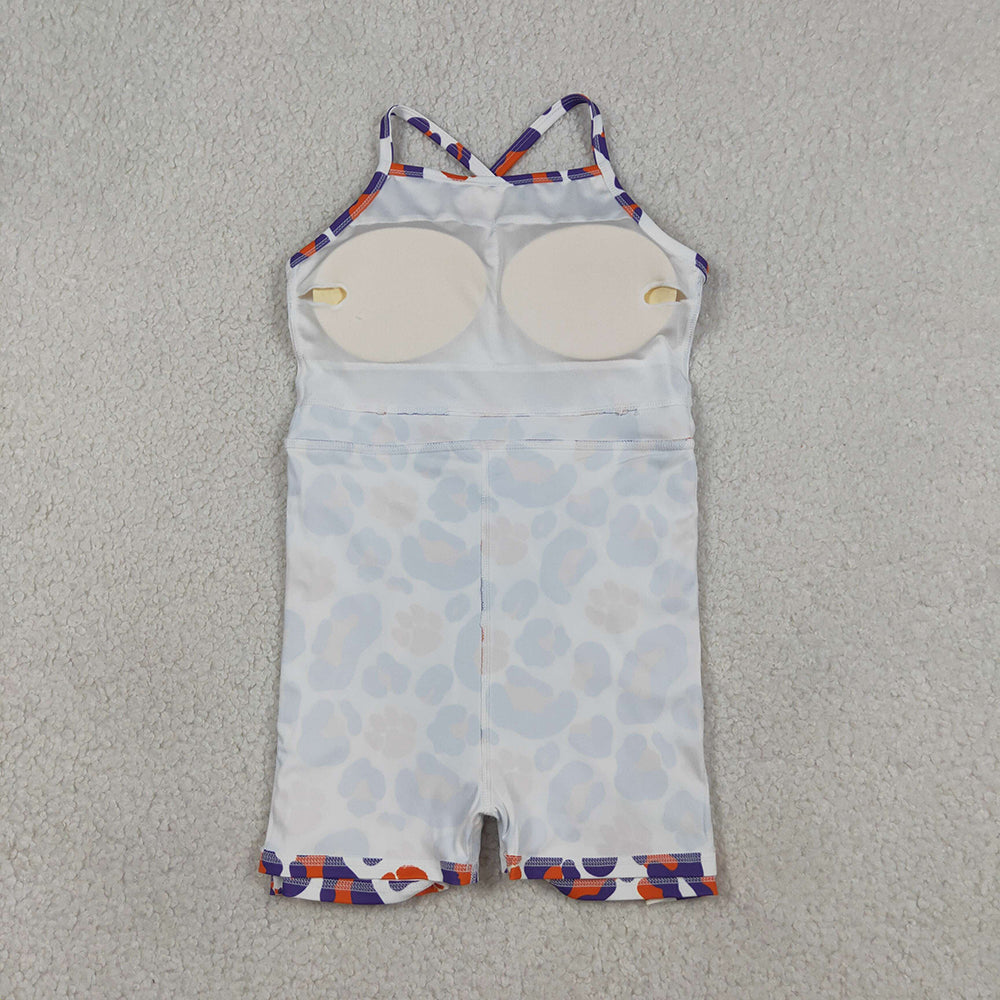 GSD3687  Teams Paw Orange Purple Leopard Print Girls Summer Strap Shorts Knee Length Yoga Dress
