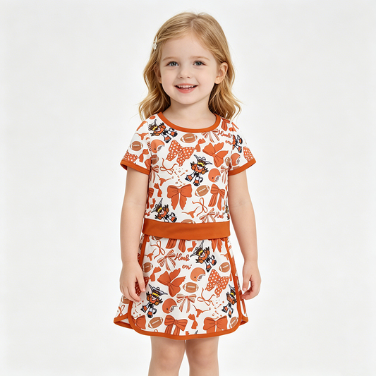 GSD3697 Football Teams Texas Longhorns Bows Tee & Skirts Shorts Yoga Sets Baby Girls Active Wear
