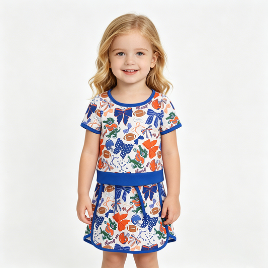 GSD3698 Football Teams Florida Gators Bows Tee & Skirts Shorts Yoga Sets Baby Girls Active Wear