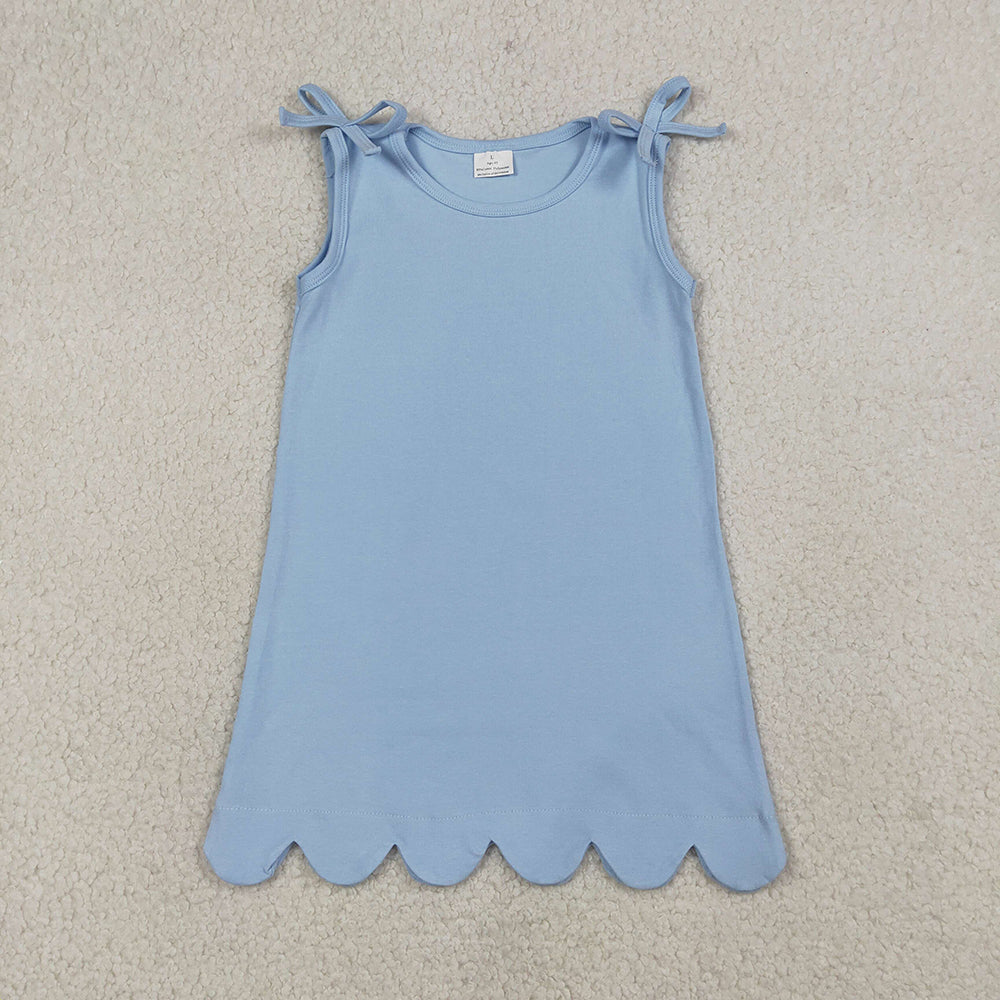 3 Colors Cotton Girls Summer Scallop Knee Length Dress Sibling Matching Wear