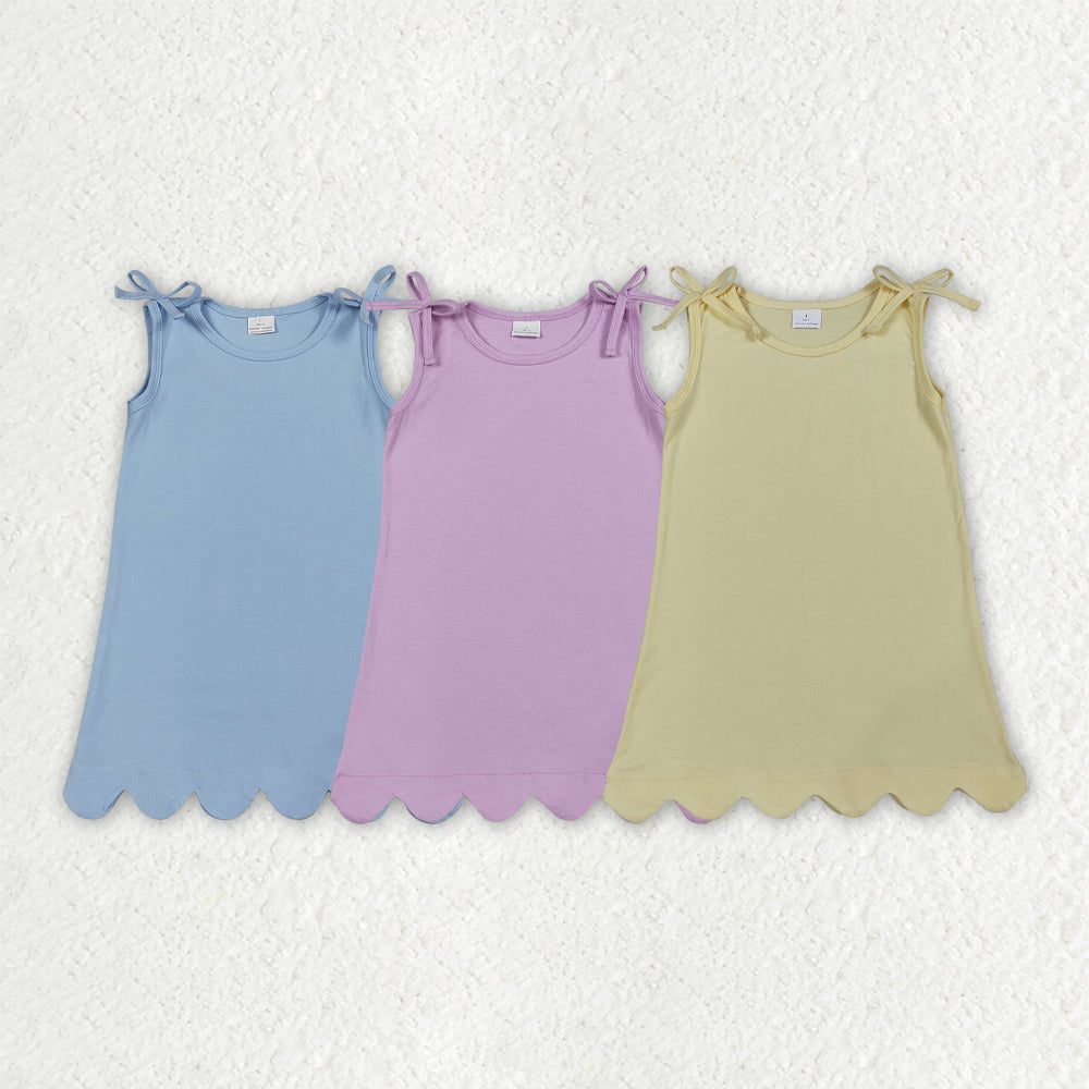 3 Colors Cotton Girls Summer Scallop Knee Length Dress Sibling Matching Wear