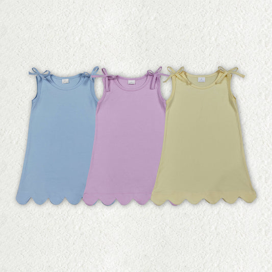 3 Colors Cotton Girls Summer Scallop Knee Length Dress Sibling Matching Wear