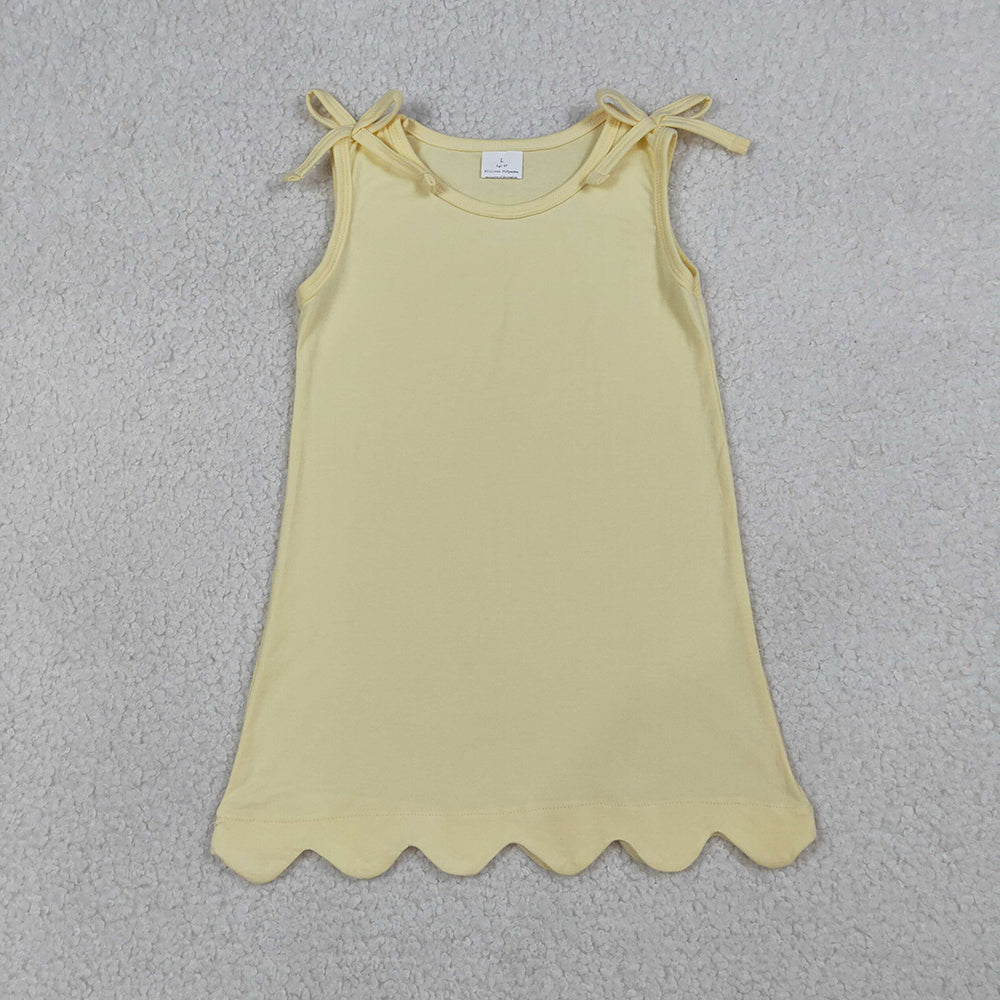 3 Colors Cotton Girls Summer Scallop Knee Length Dress Sibling Matching Wear