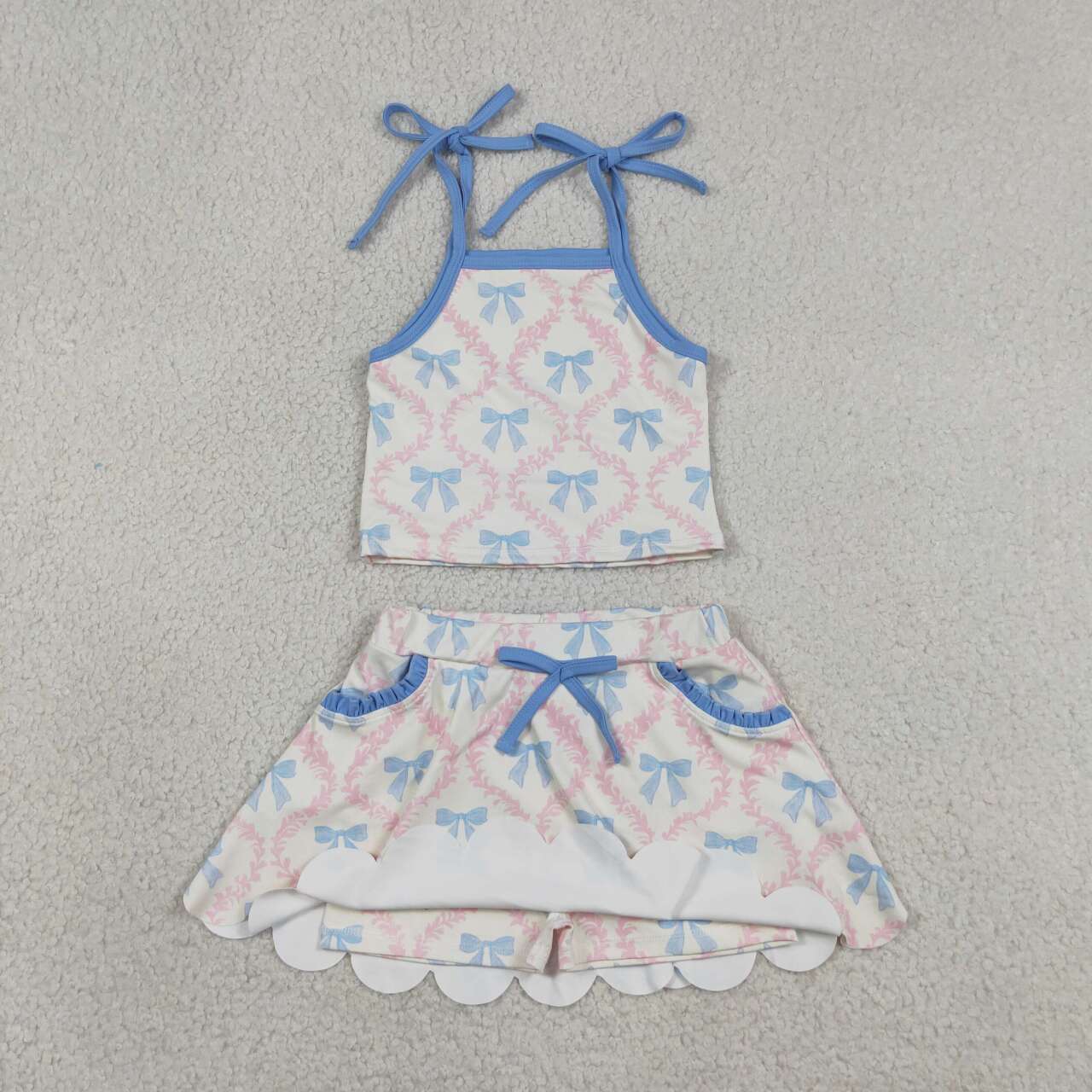Bows Strap Tank Top Pockets Skort Girls Summer Yoga Clothes Set