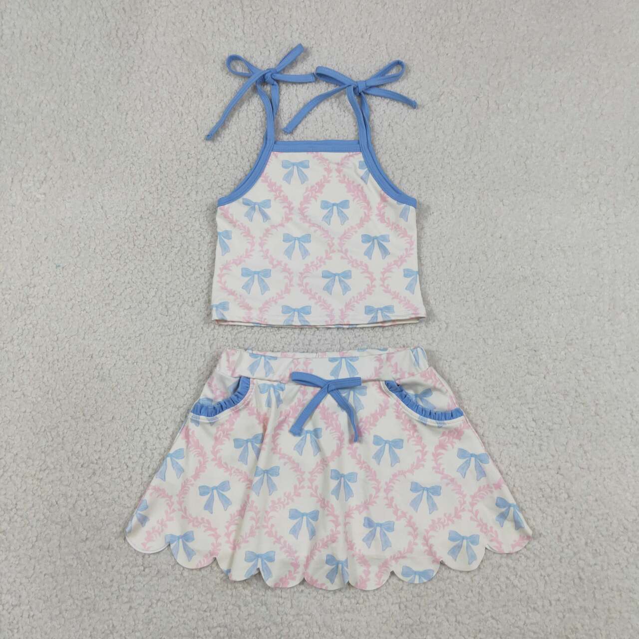 Bows Strap Tank Top Pockets Skort Girls Summer Yoga Clothes Set