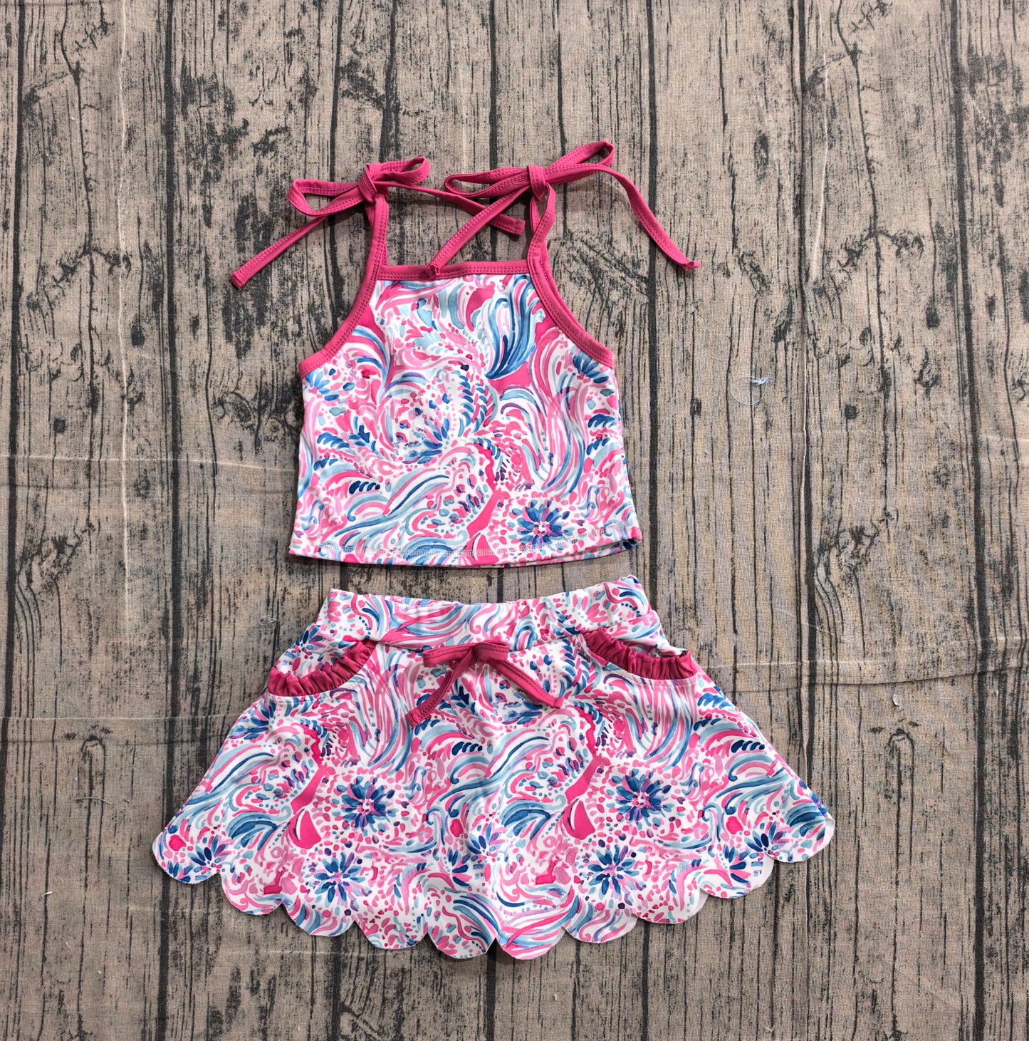Preorder GSD3728 Hot Pink Seaweed Strap Tank Top Pockets Skirts Shorts Girls Summer Yoga Clothes Set