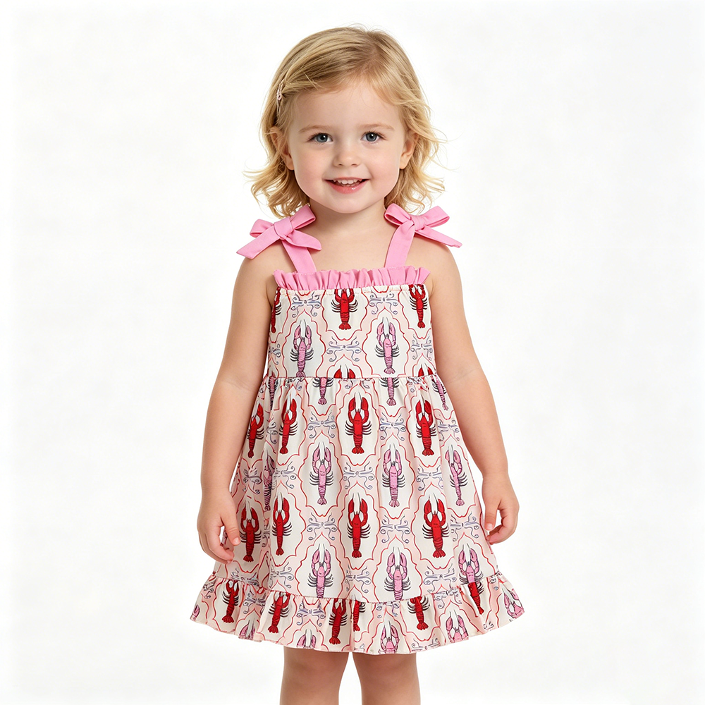 GSD3730 Crayfish Print Girls Strap Summer Knee Length Dress
