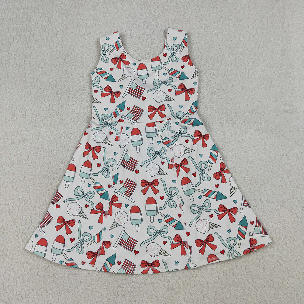 GSD3750 Girls’ Ice Cream & Firework Flag Heart Bow Sleeveless 4th of July Yoga Dress