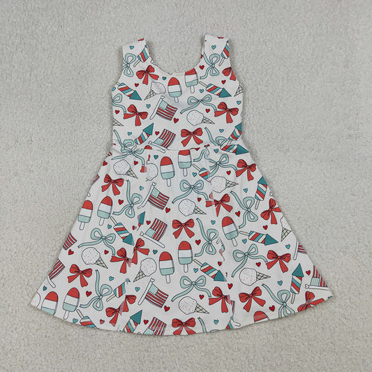 GSD3750 Girls’ Ice Cream & Firework Flag Heart Bow Sleeveless 4th of July Yoga Dress