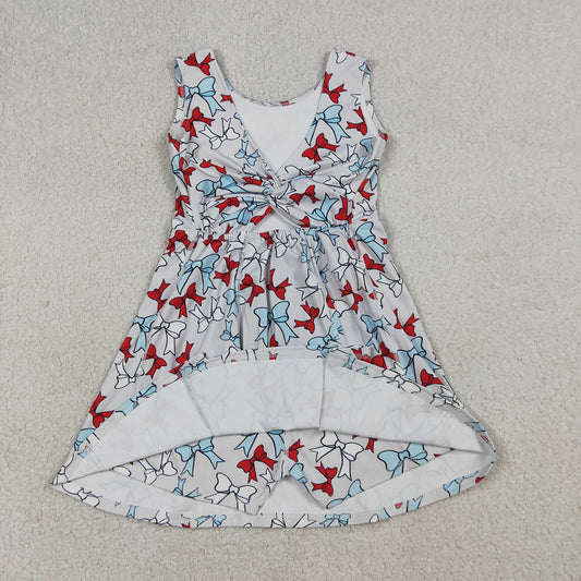 GSD3752 Red Blue Bows Print Girls 4th of July Knee Length Yoga Dress