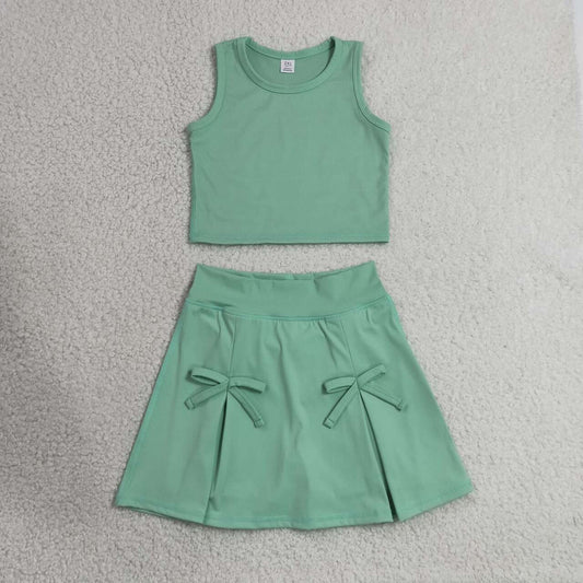 GSD3760 Green Tank Top Bow Skort Girls Summer Yoga Clothes Set