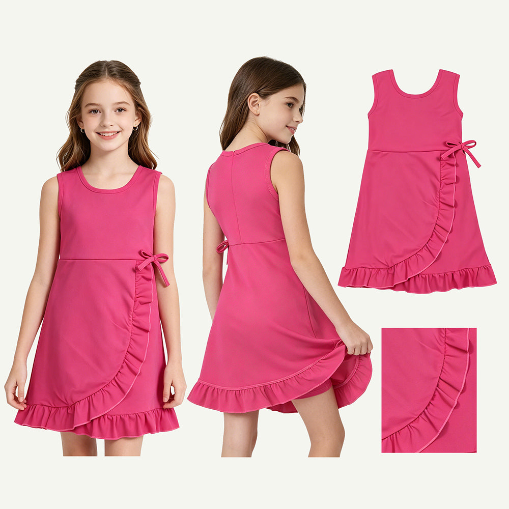 GSD3766 Hot Pink Girls Ruffle Yoga Sleeveless Zipper Dress