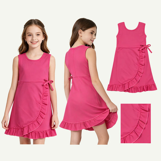 GSD3766 Hot Pink Girls Ruffle Yoga Sleeveless Zipper Dress