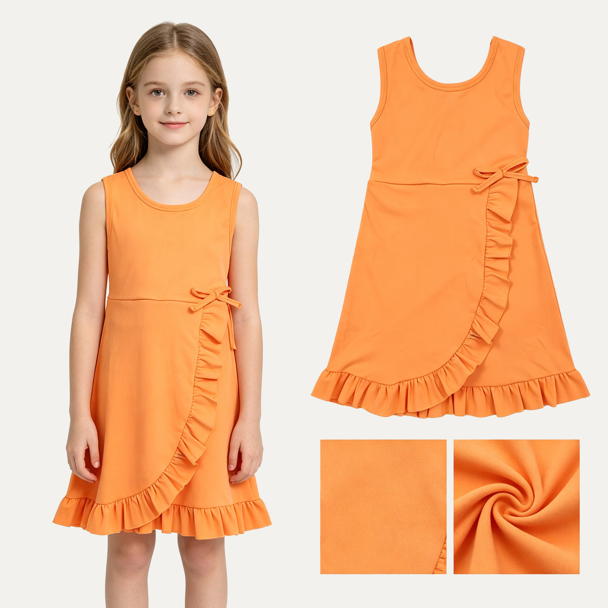 GSD3767 Orange Girls Sleeveless Zipper Ruffle Yoga Dress