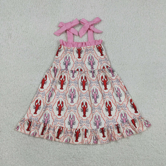 Toddler Girl Lobster Print Dress - Pink Bow Strap Tiered Ruffle Summer Sundress