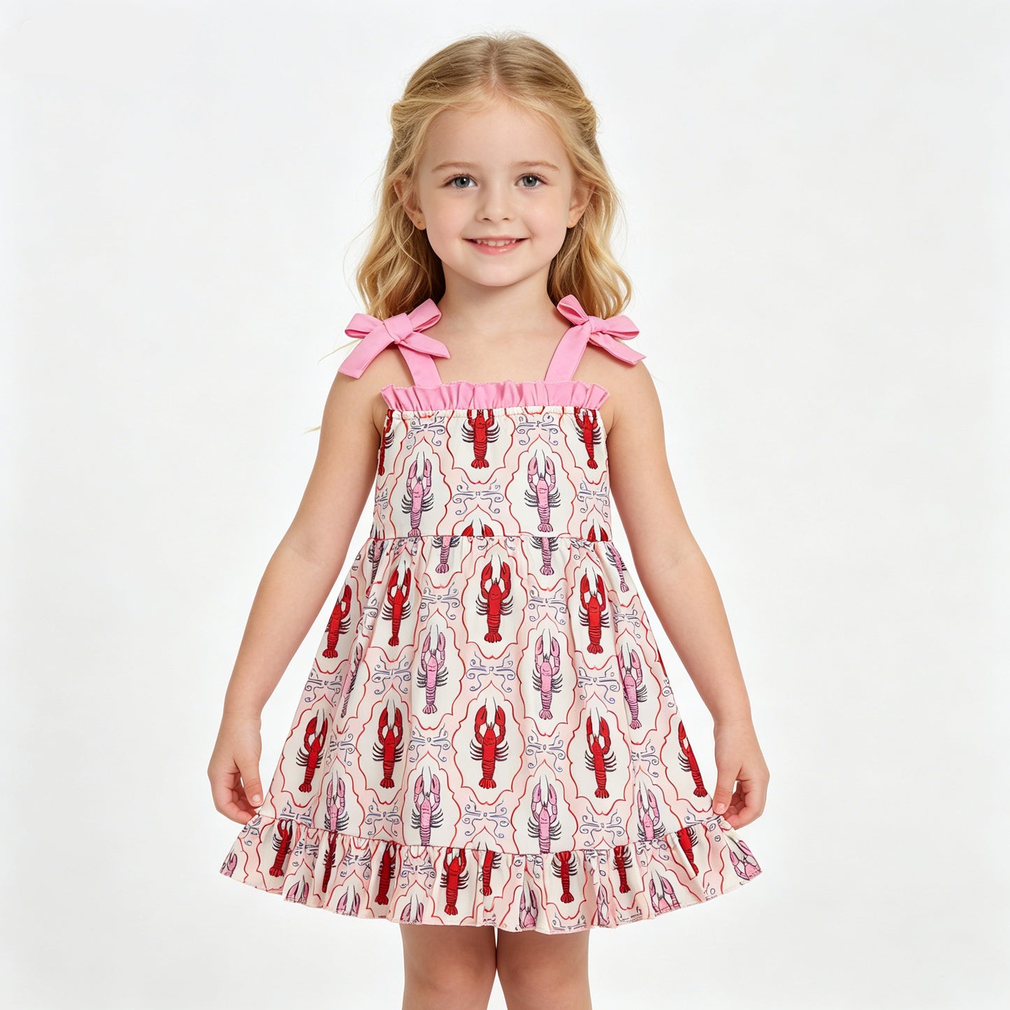 Toddler Girl Lobster Print Dress - Pink Bow Strap Tiered Ruffle Summer Sundress